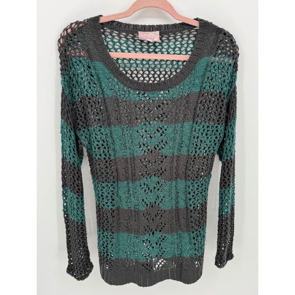 Romeo & Juliet Striped Green & Gray Open Knit Long Sleeve Sweater Size M - Picture 2 of 7
